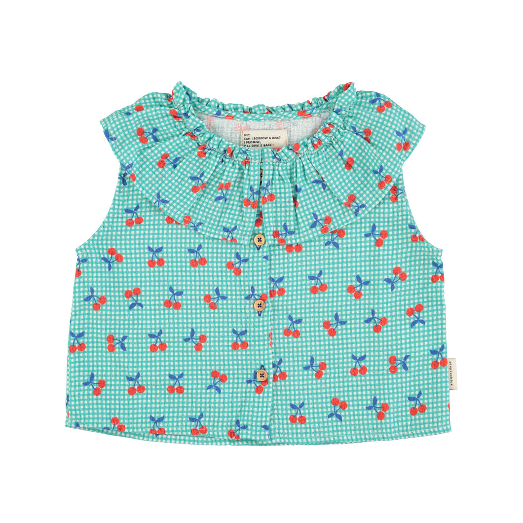 Bluse Cherries turquoise & white checkered