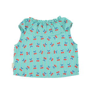 Bluse Cherries turquoise & white checkered